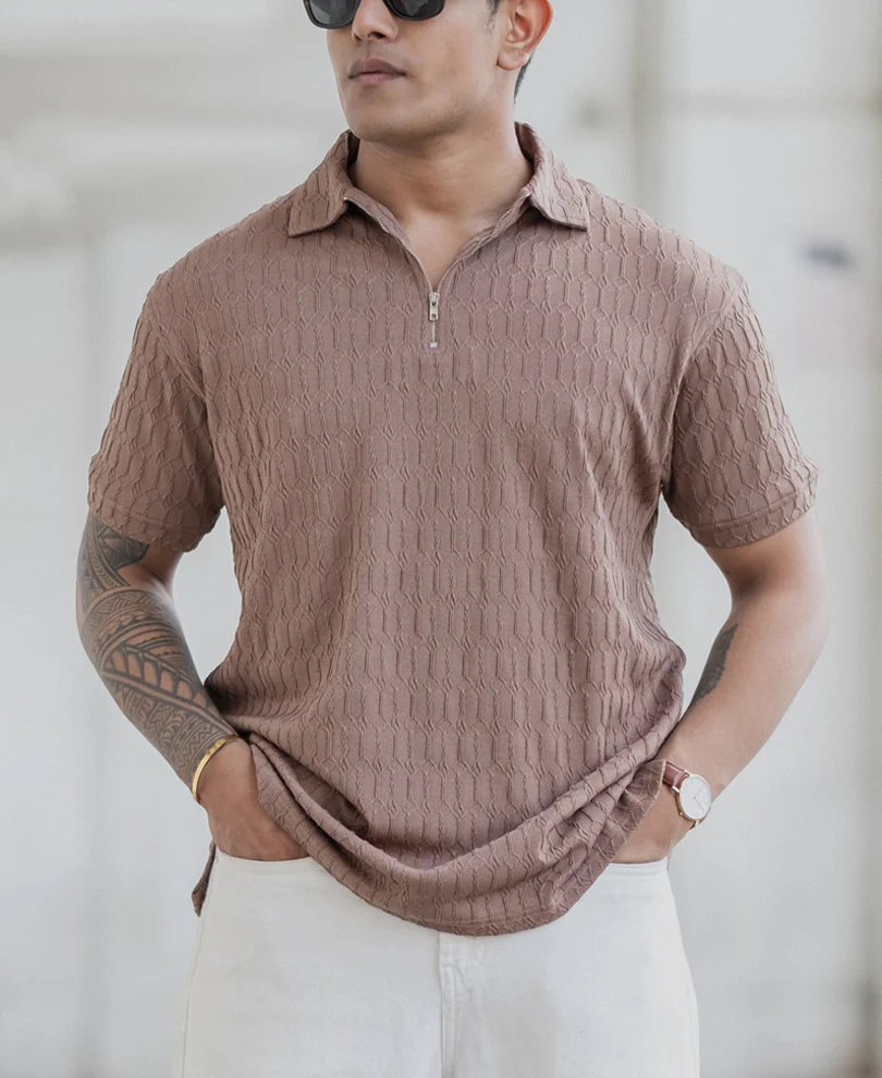 Dusty Brown Textured Polo T-Shirt - Image 2