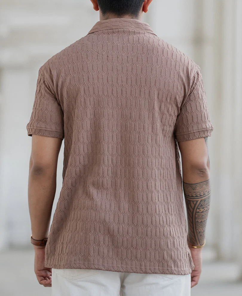 Dusty Brown Textured Polo T-Shirt - Image 3