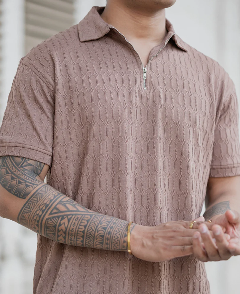Dusty Brown Textured Polo T-Shirt - Image 4