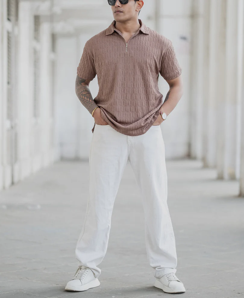 Dusty Brown Textured Polo T-Shirt - Image 5