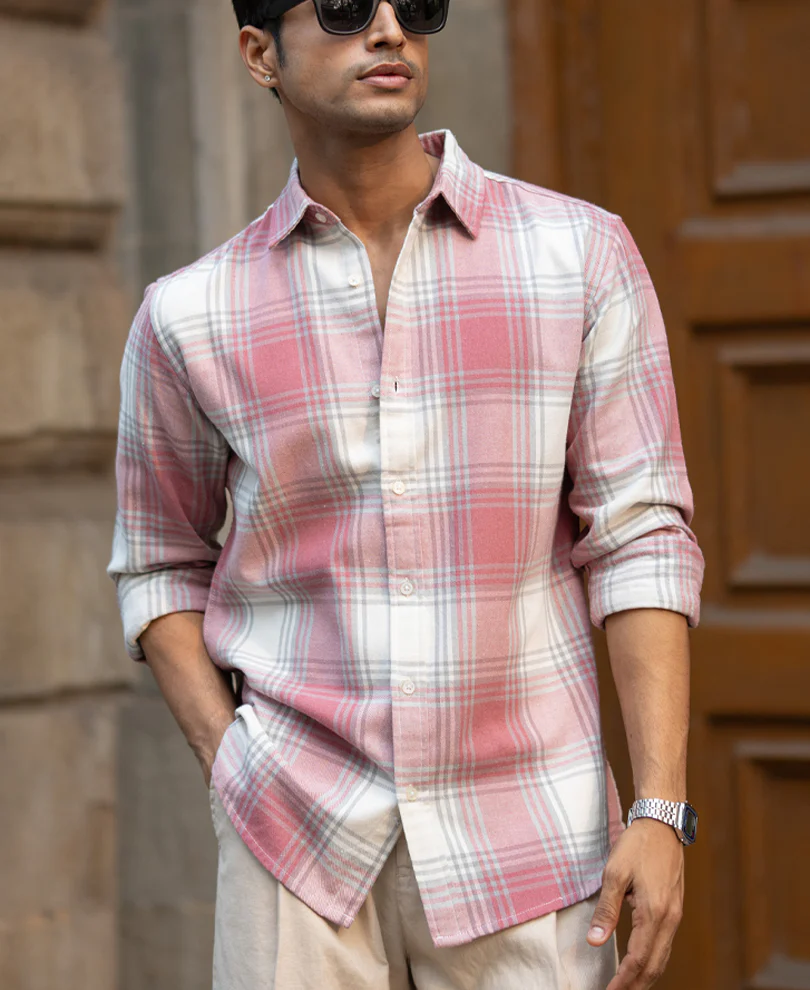 Dusty Rose Brushed Checks Shirt - Image 3