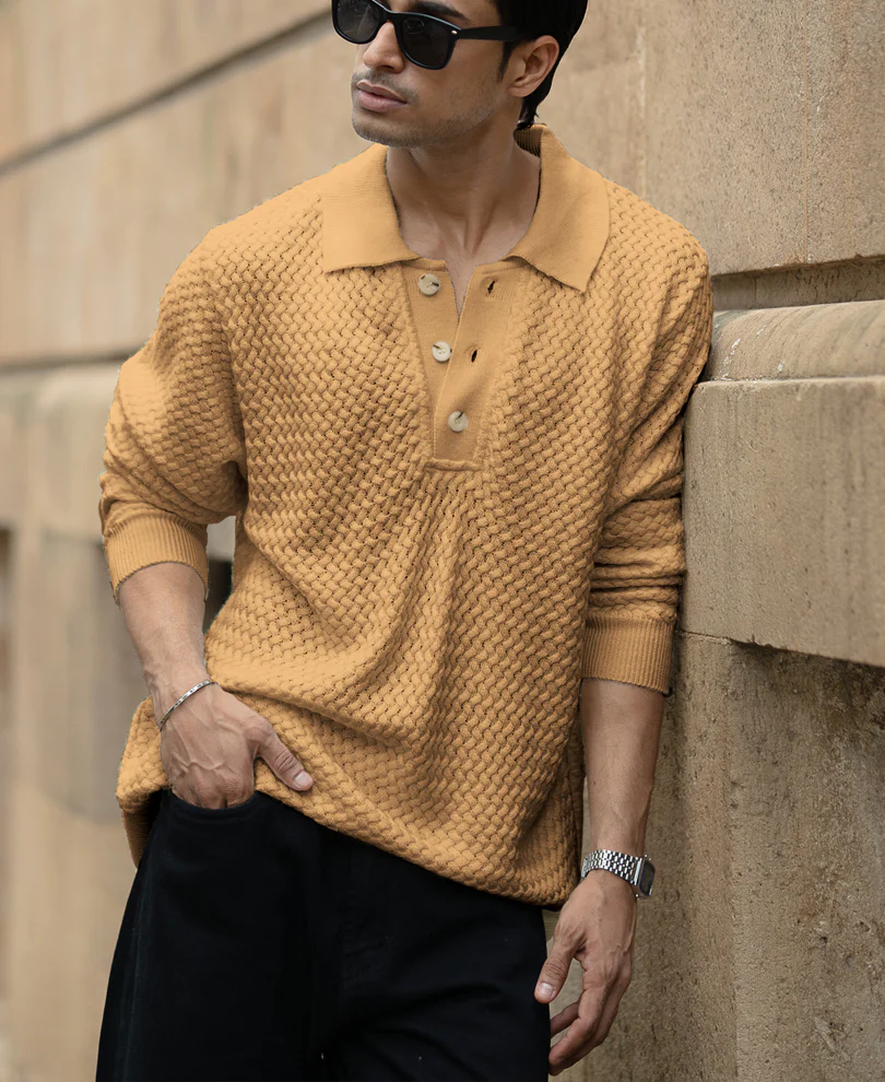 Dusty Yellow Knit Polo Sweater