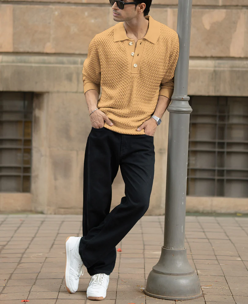 Dusty Yellow Knit Polo Sweater - Image 5