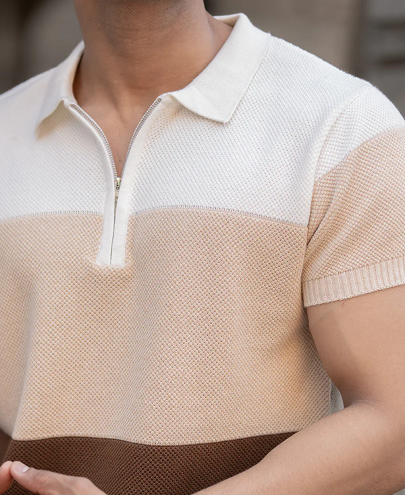 Earthy Stripe Zipper Polo T-Shirt - Image 4