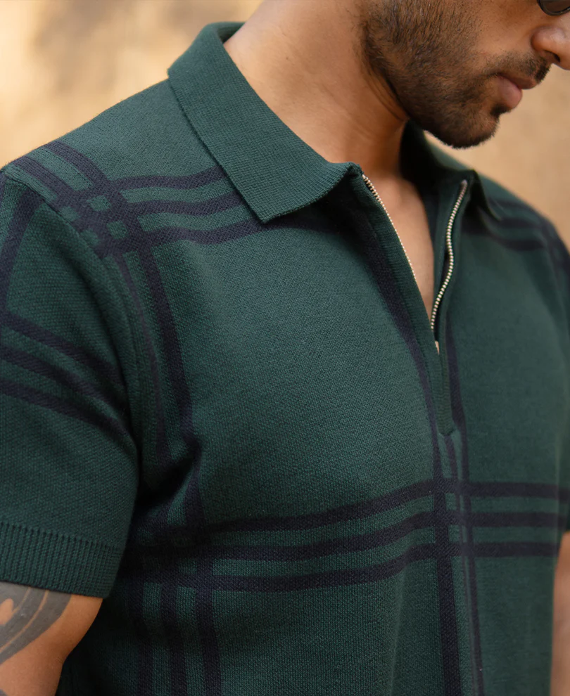 Forest Green Knitted Checks T-Shirt - Image 4
