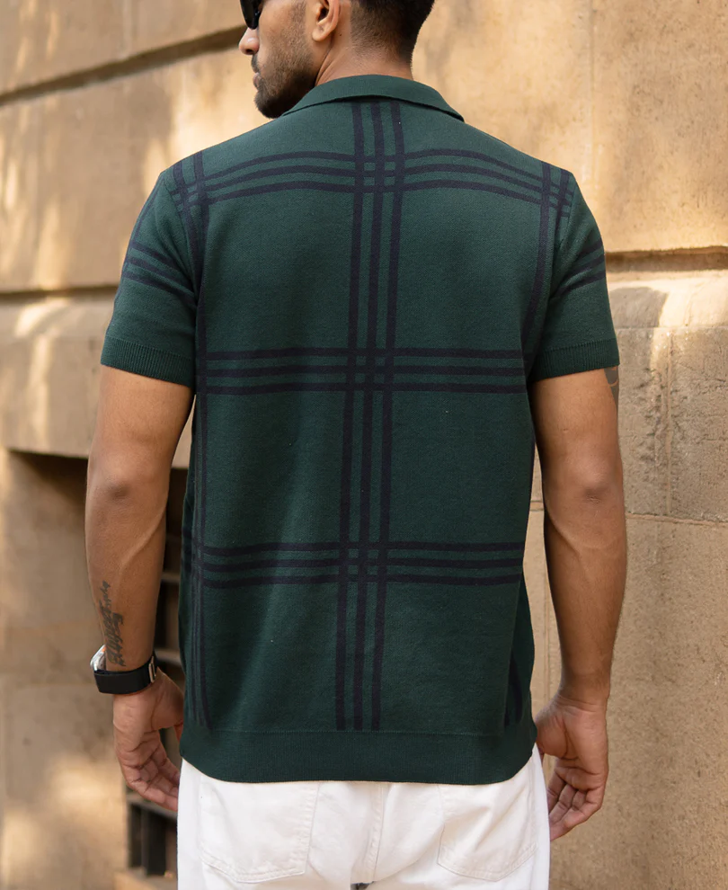 Forest Green Knitted Checks T-Shirt - Image 5