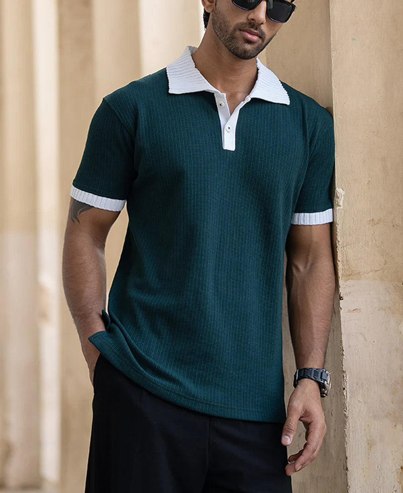 Green Bamboo Cord Regular Fit Half Sleeves T-Shirt - Image 2