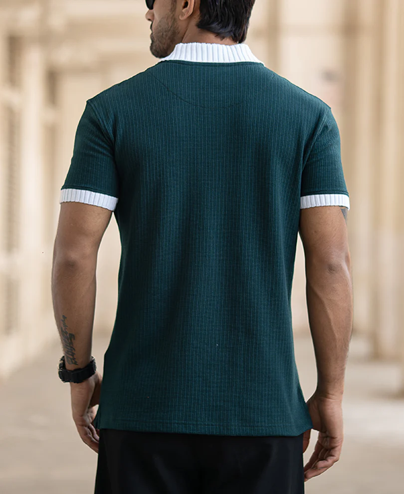 Green Bamboo Cord Regular Fit Half Sleeves T-Shirt - Image 3