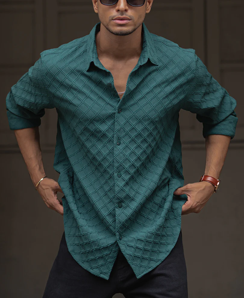 Green Plain Structured Regular Fit Full Sleeves Shirt - Image 3