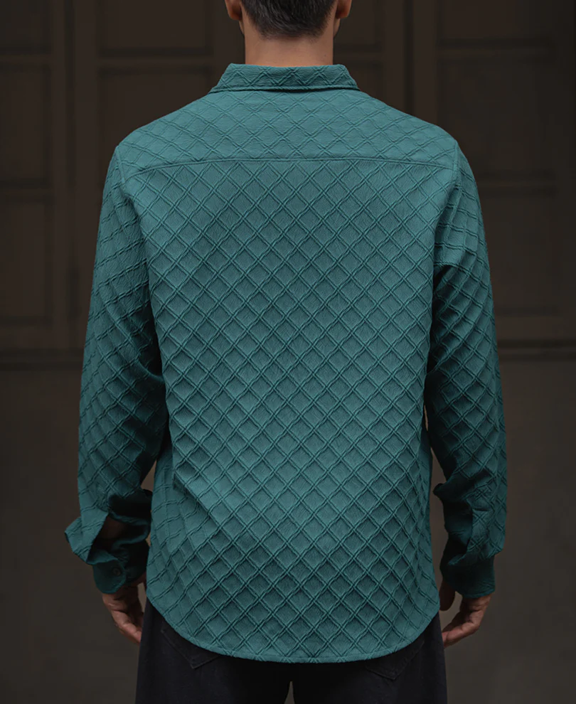 Green Plain Structured Regular Fit Full Sleeves Shirt - Image 5