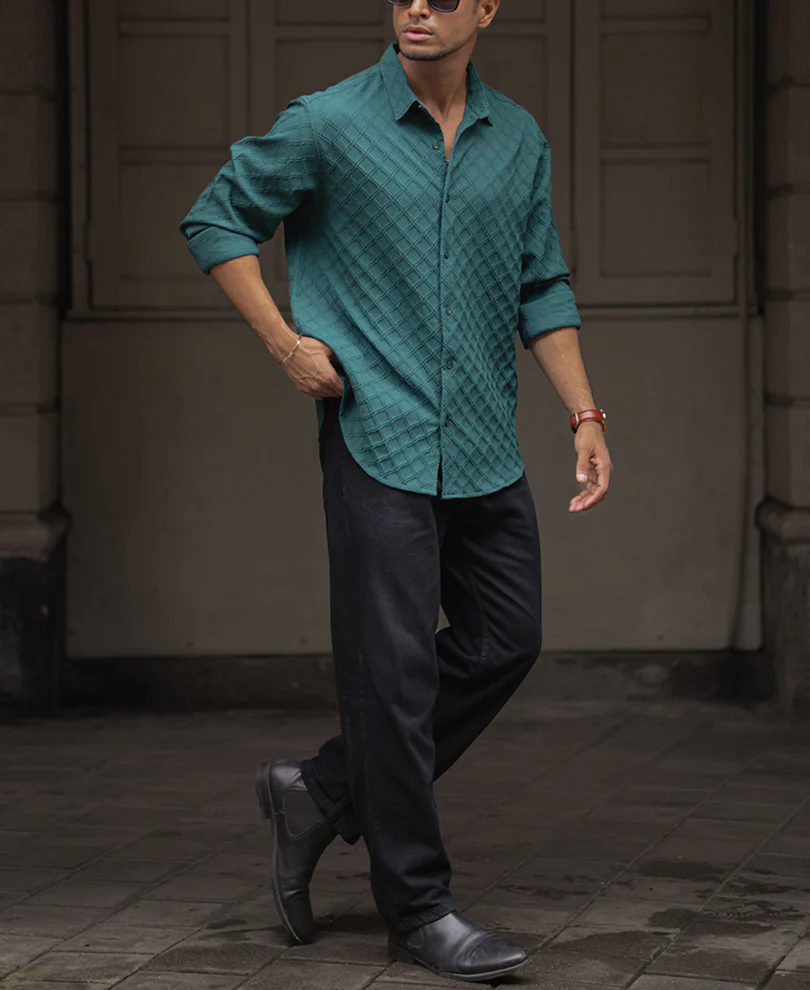 Green Plain Structured Regular Fit Full Sleeves Shirt - Image 6