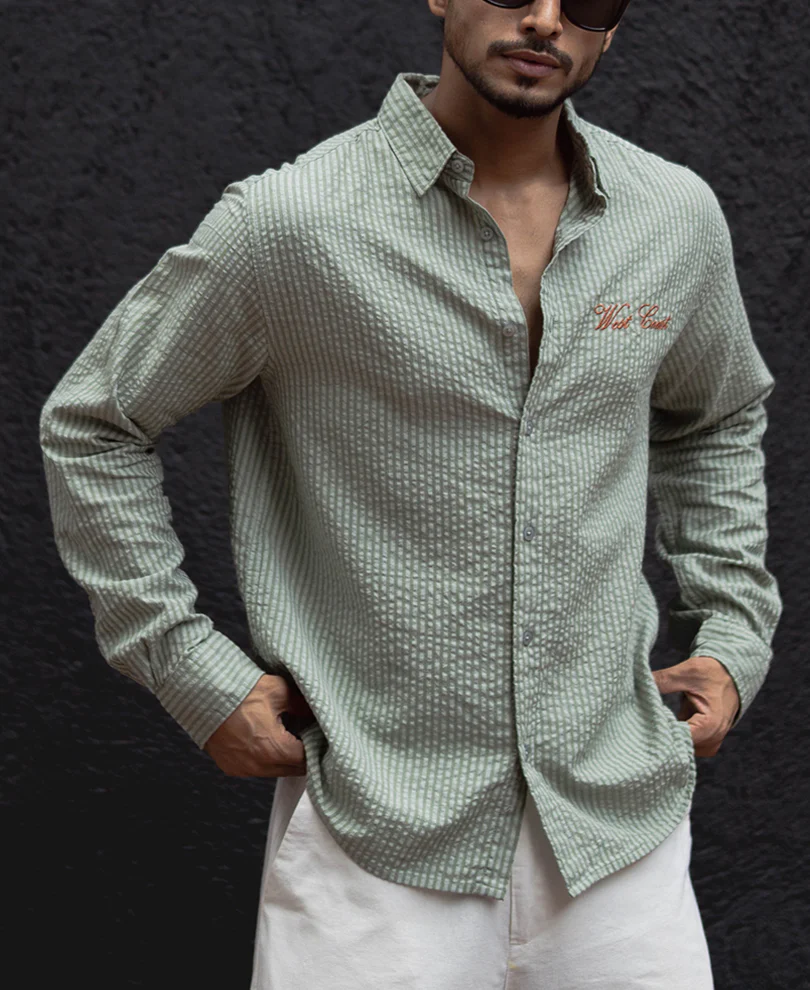 Green Stripes Printed Regular Fit Full Sleeves Shirt