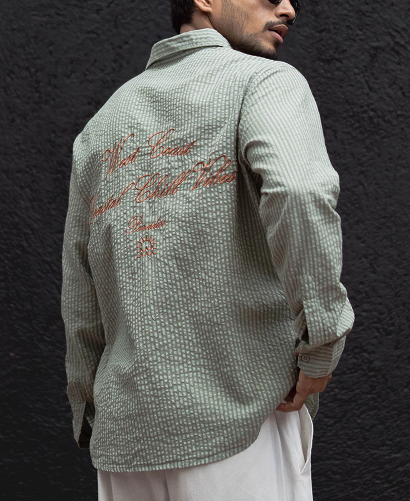 Green Stripes Printed Regular Fit Full Sleeves Shirt - Image 2