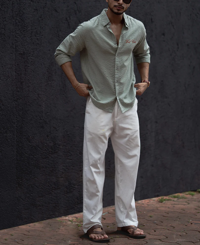 Green Stripes Printed Regular Fit Full Sleeves Shirt - Image 6