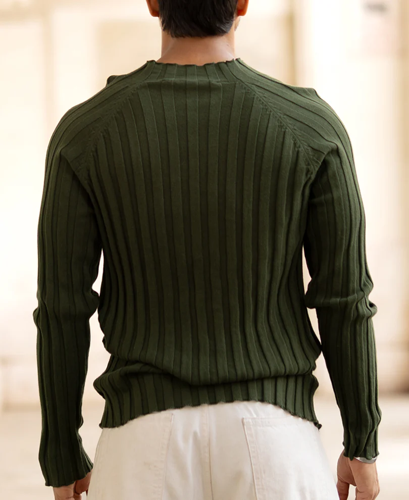 Olive High Neck Ribbed T-Shirt - Image 3