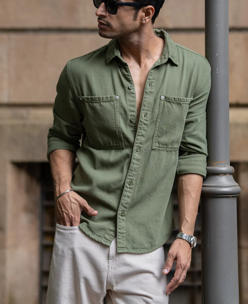 Green Textured Cotton Overshirt - Image 2