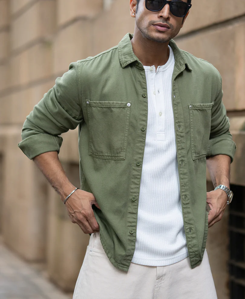 Green Textured Cotton Overshirt - Image 3