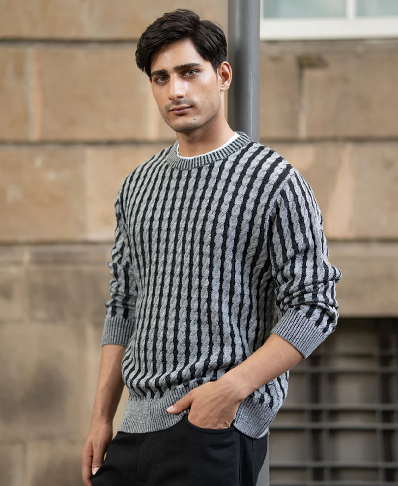 Grey And Black Cable Knit Sweater - Image 2