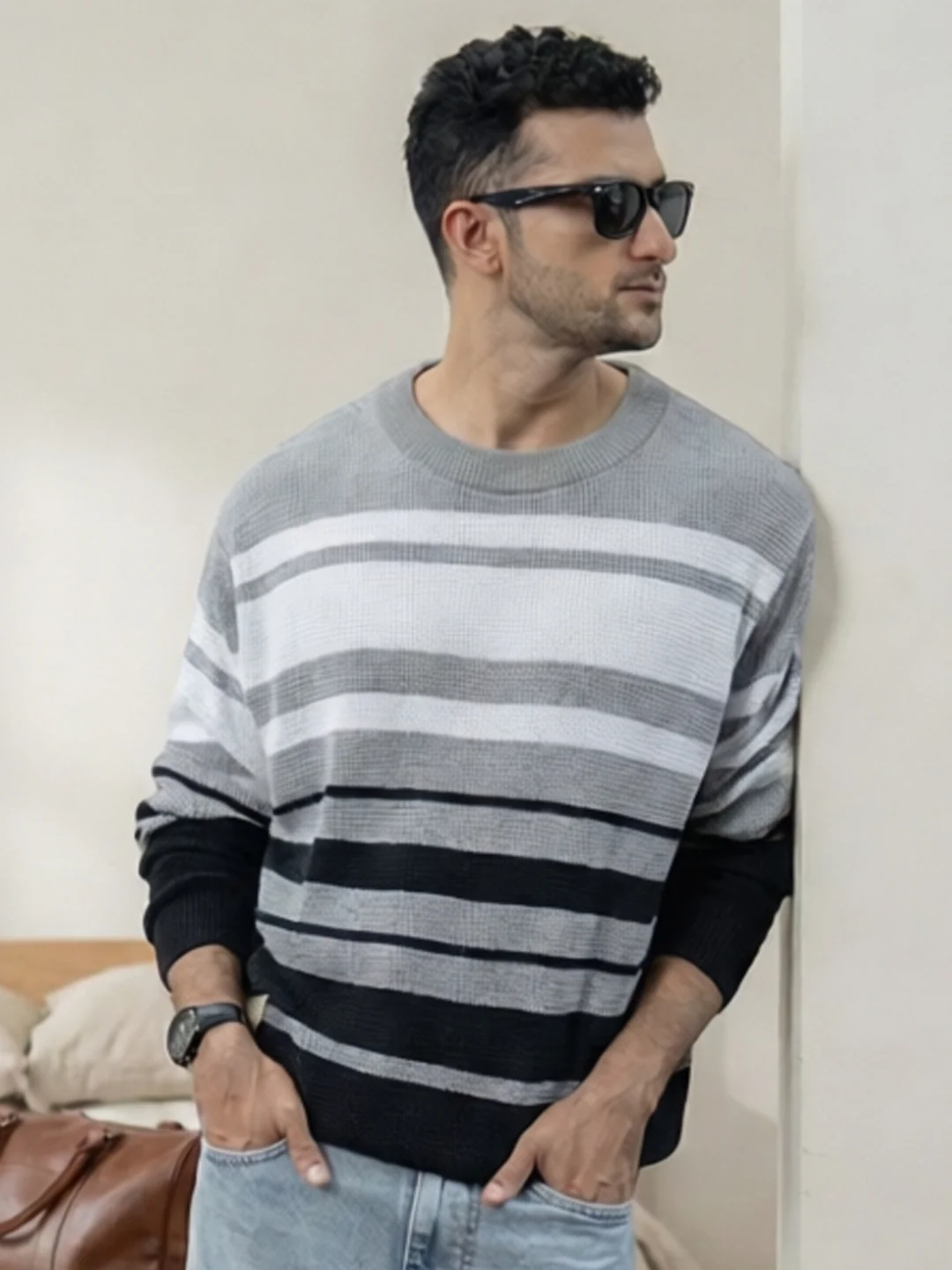 Grey And Black Structured Striped T-Shirt - Image 2