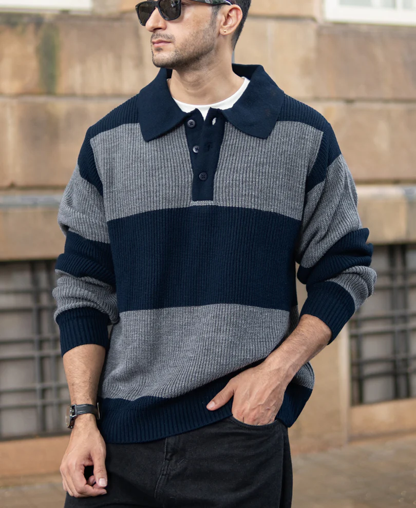 Grey And Navy Knit Striped Polo Sweater - Image 2