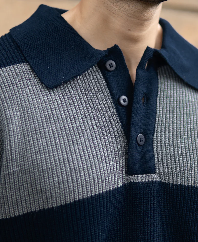 Grey And Navy Knit Striped Polo Sweater - Image 3