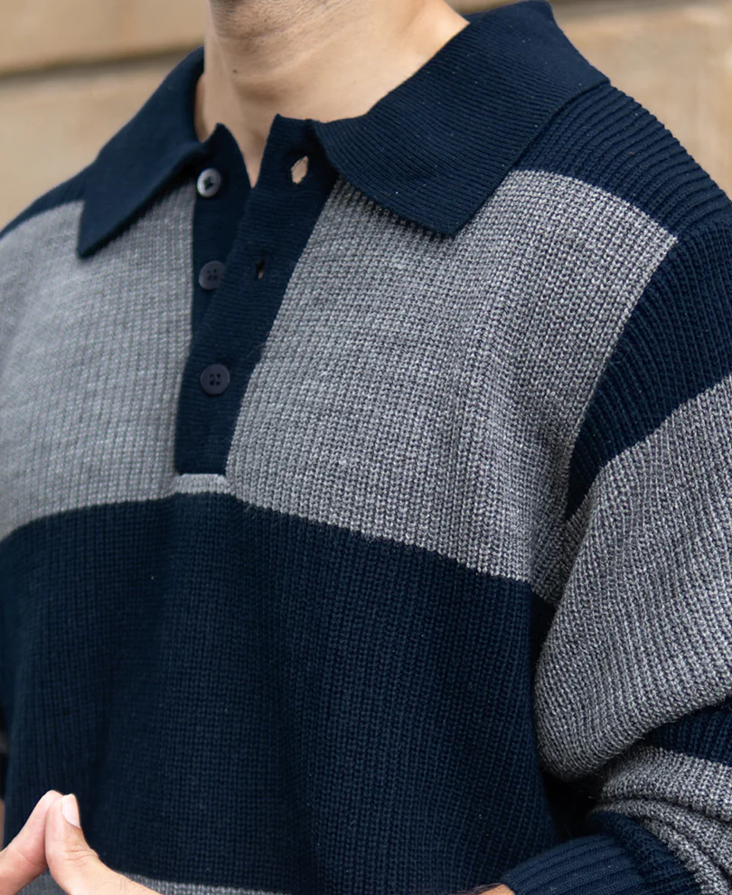 Grey And Navy Knit Striped Polo Sweater - Image 4