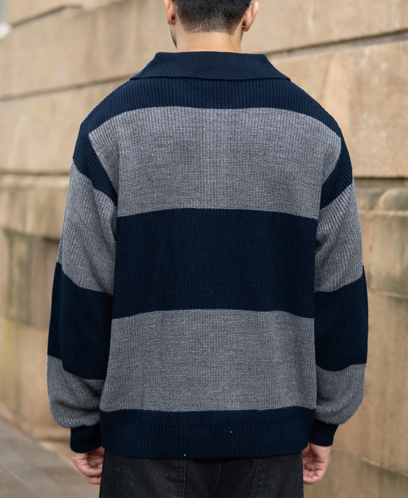 Grey And Navy Knit Striped Polo Sweater - Image 5