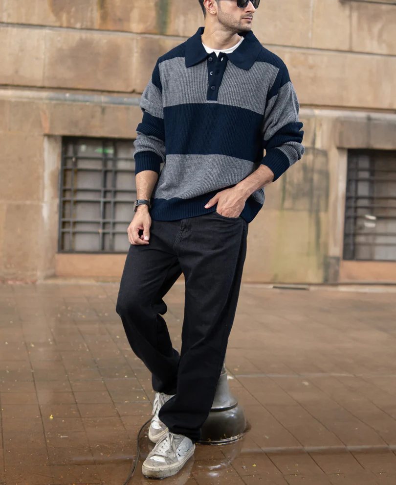Grey And Navy Knit Striped Polo Sweater - Image 6