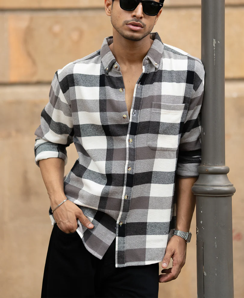 Grey Checks Shirt With Pocket - Image 2