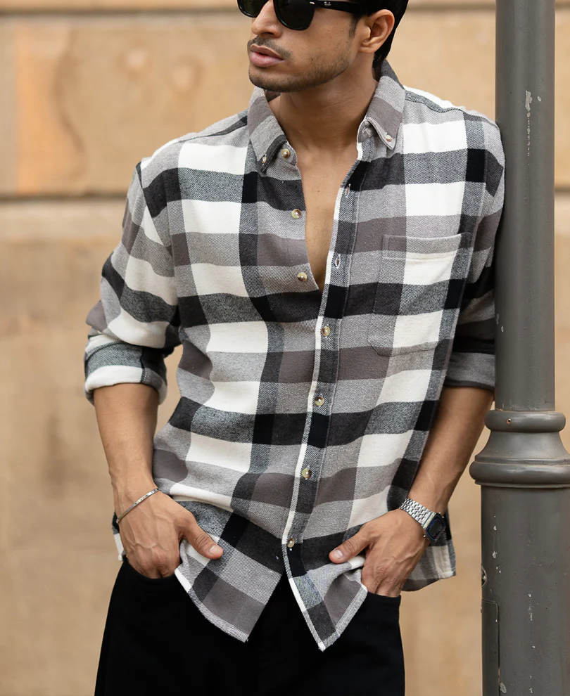 Grey Checks Shirt With Pocket - Image 3