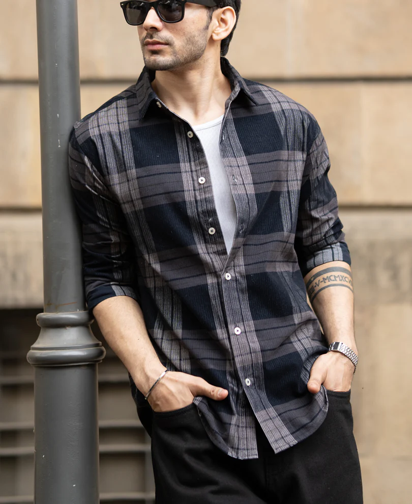 Grey Coudroy Checks Shirt