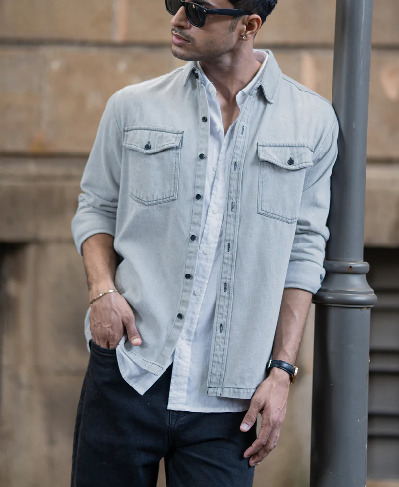 Grey Denim Shacket With Pockets - Image 2