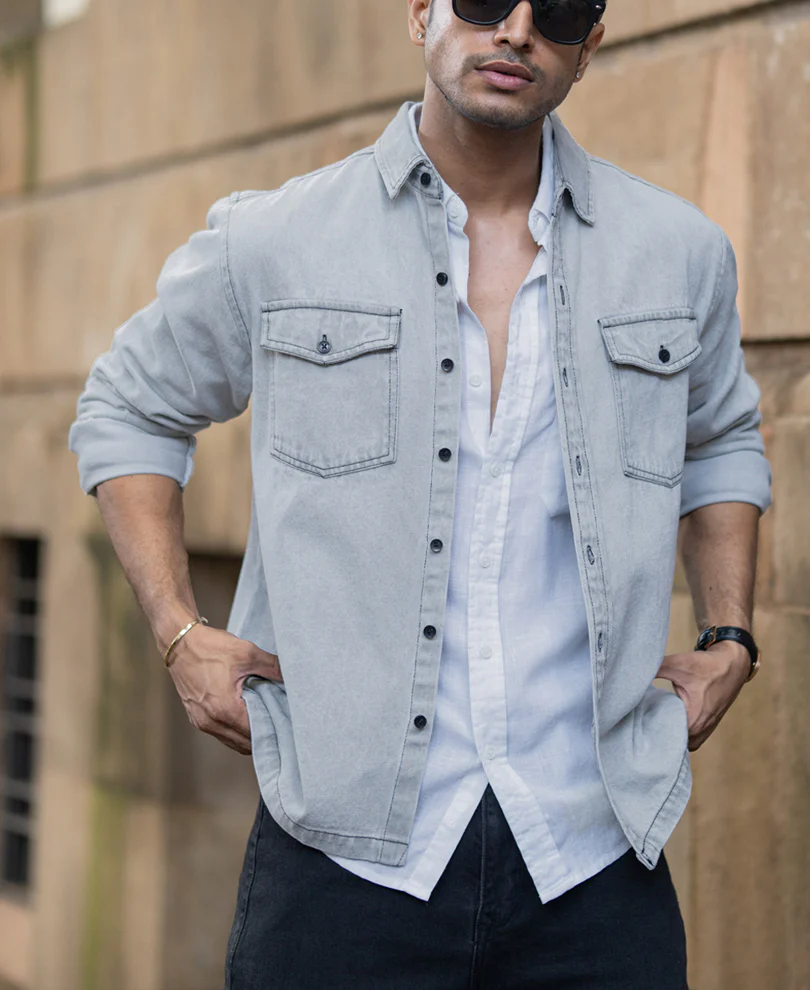 Grey Denim Shacket With Pockets - Image 3