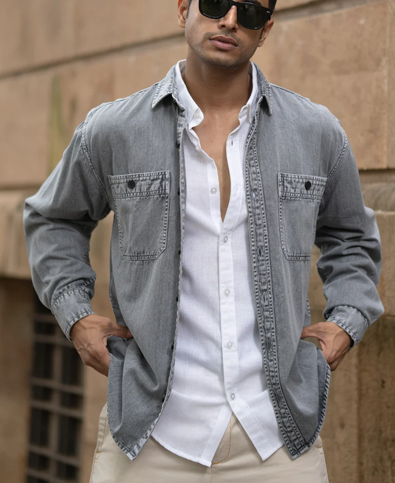 Grey Denim Shirt With Pockets - Image 3