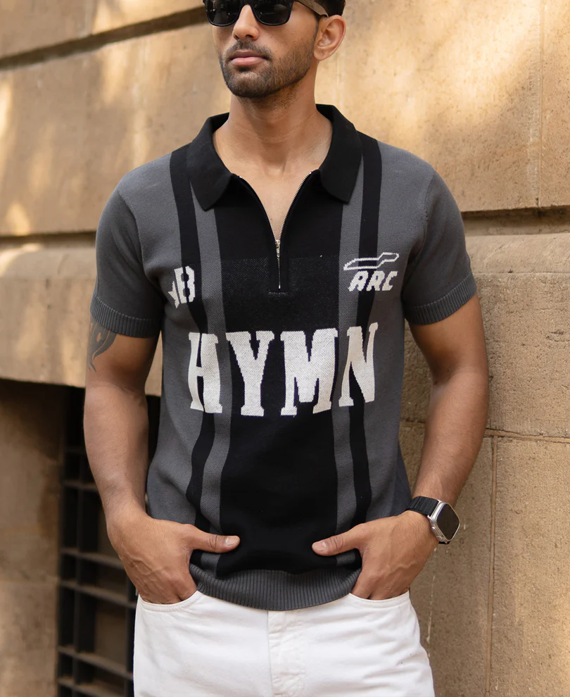 Grey Jacquard Half Sleeves Knit Polo T-Shirt - Image 2