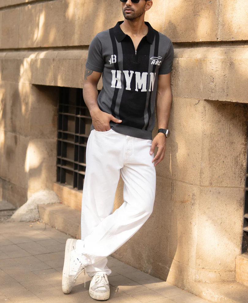 Grey Jacquard Half Sleeves Knit Polo T-Shirt - Image 6