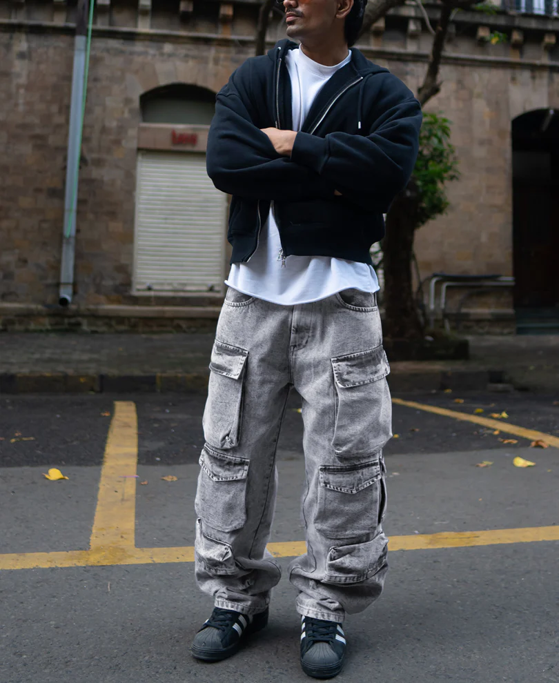 Grey Multi Pockets Baggy Fit Cargo Denim Jeans - Image 7
