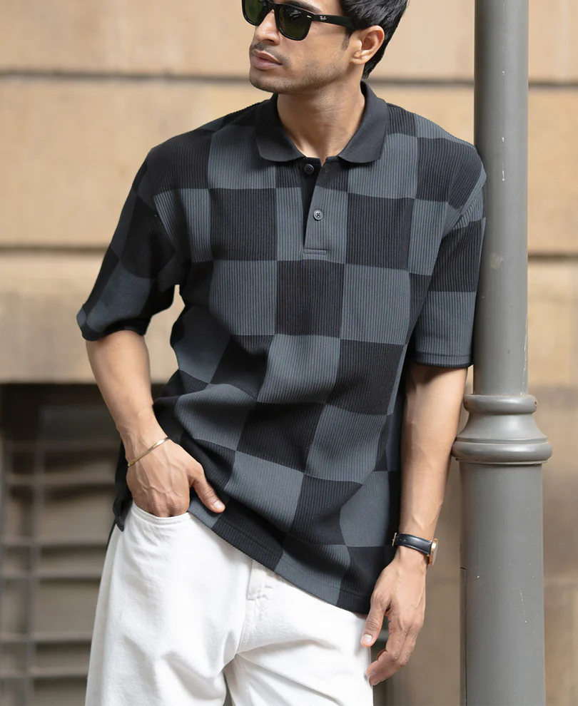 Grey Printed Checks Polo T-Shirt - Image 2