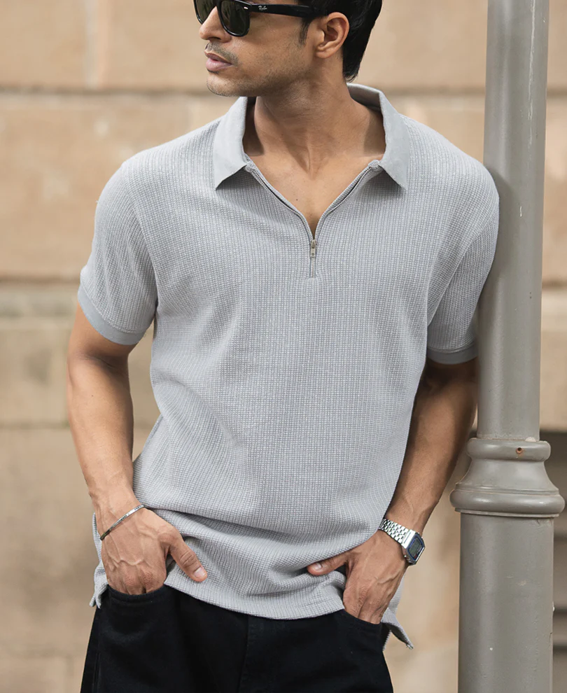 Grey Structured Regular Fit Half Sleeves Zipper T Shirt - Image 2