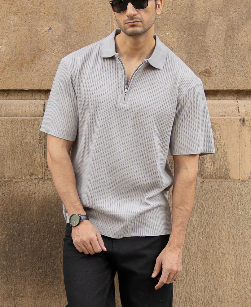 Grey Structured Zipper Polo T-Shirt - Image 2