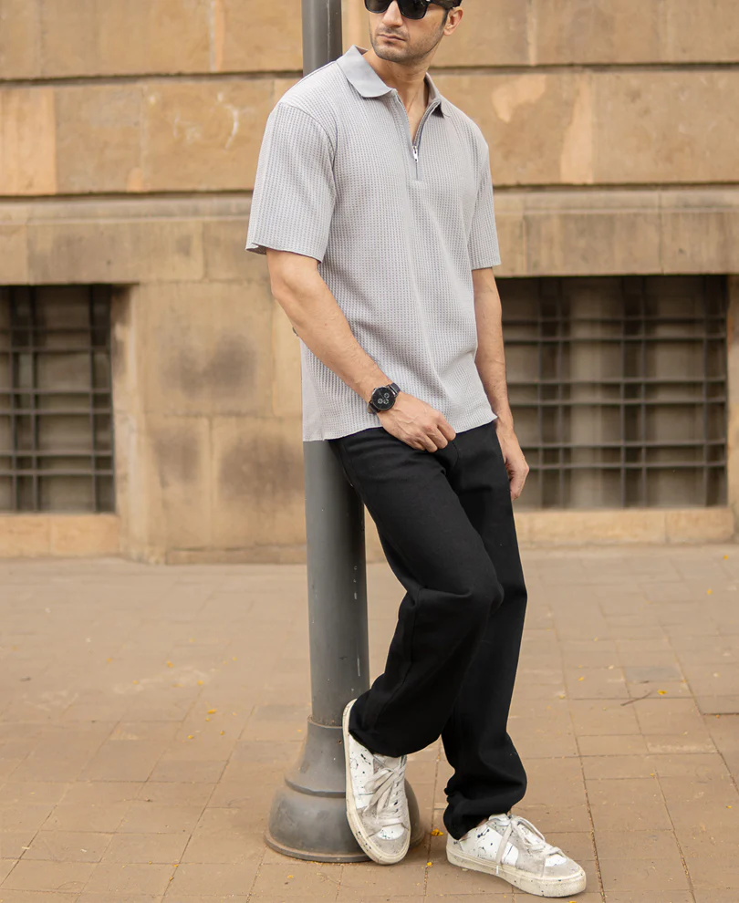 Grey Structured Zipper Polo T-Shirt - Image 6