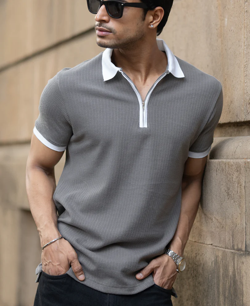 Grey Zipper Neck T-Shirt - Image 2