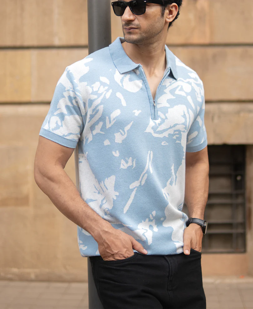 Light Blue Abstract Knit T-Shirt