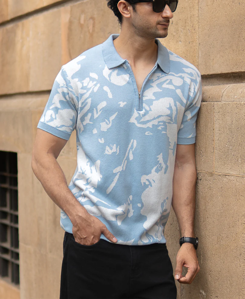 Light Blue Abstract Knit T-Shirt - Image 2