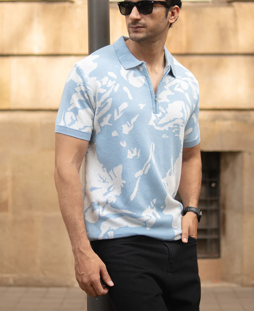 Light Blue Abstract Knit T-Shirt - Image 3