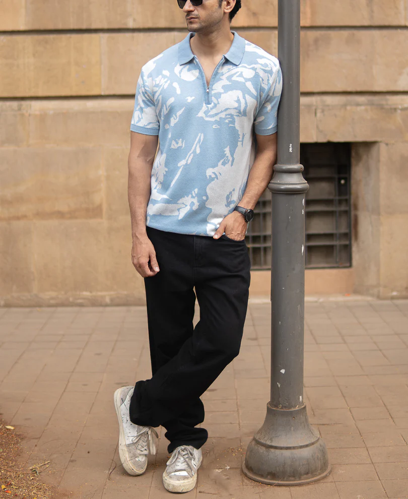 Light Blue Abstract Knit T-Shirt - Image 6