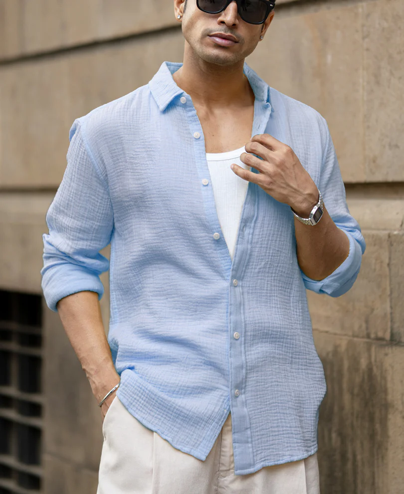 Light Blue Crinkled Cotton Shirt