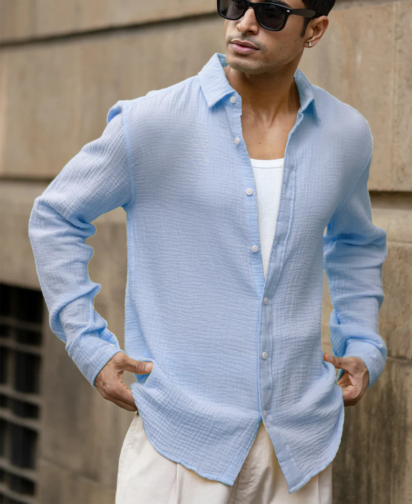 Light Blue Crinkled Cotton Shirt - Image 3