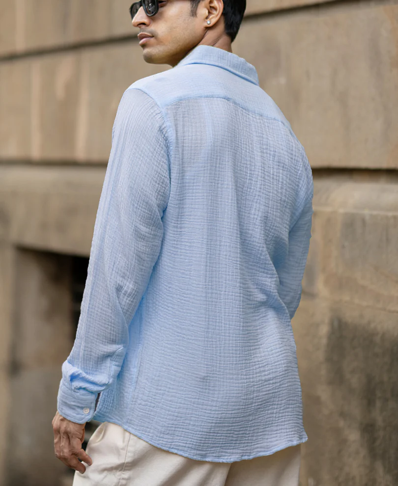Light Blue Crinkled Cotton Shirt - Image 5