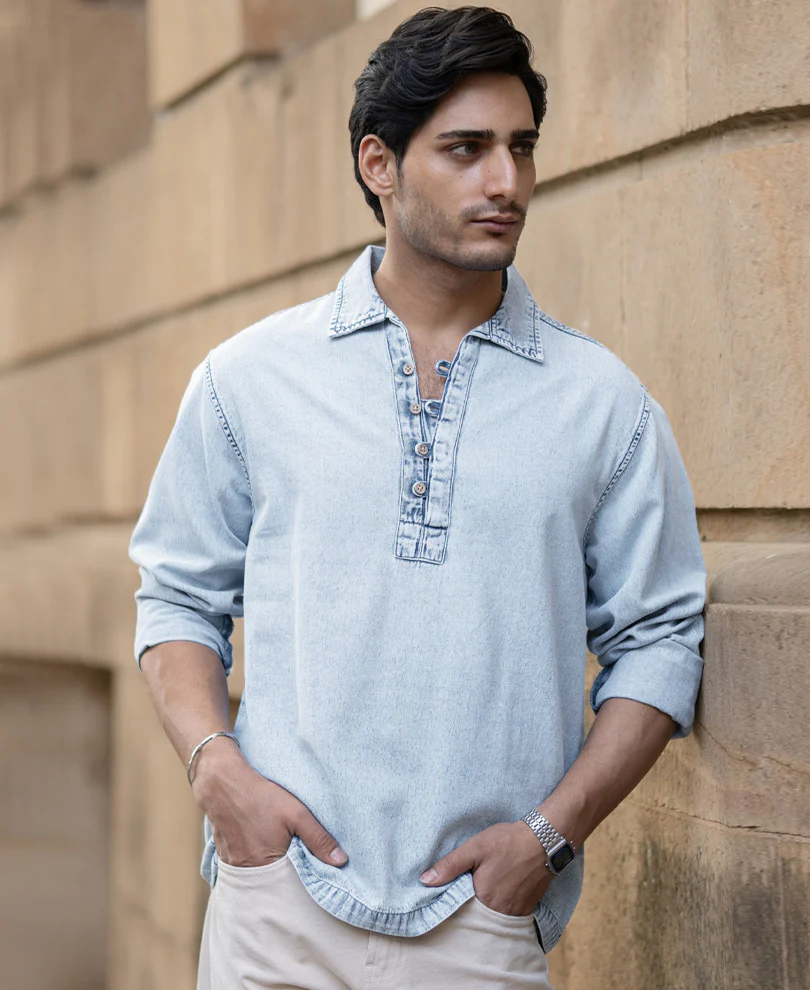Light Blue Denim Kurta Shirt - Image 2